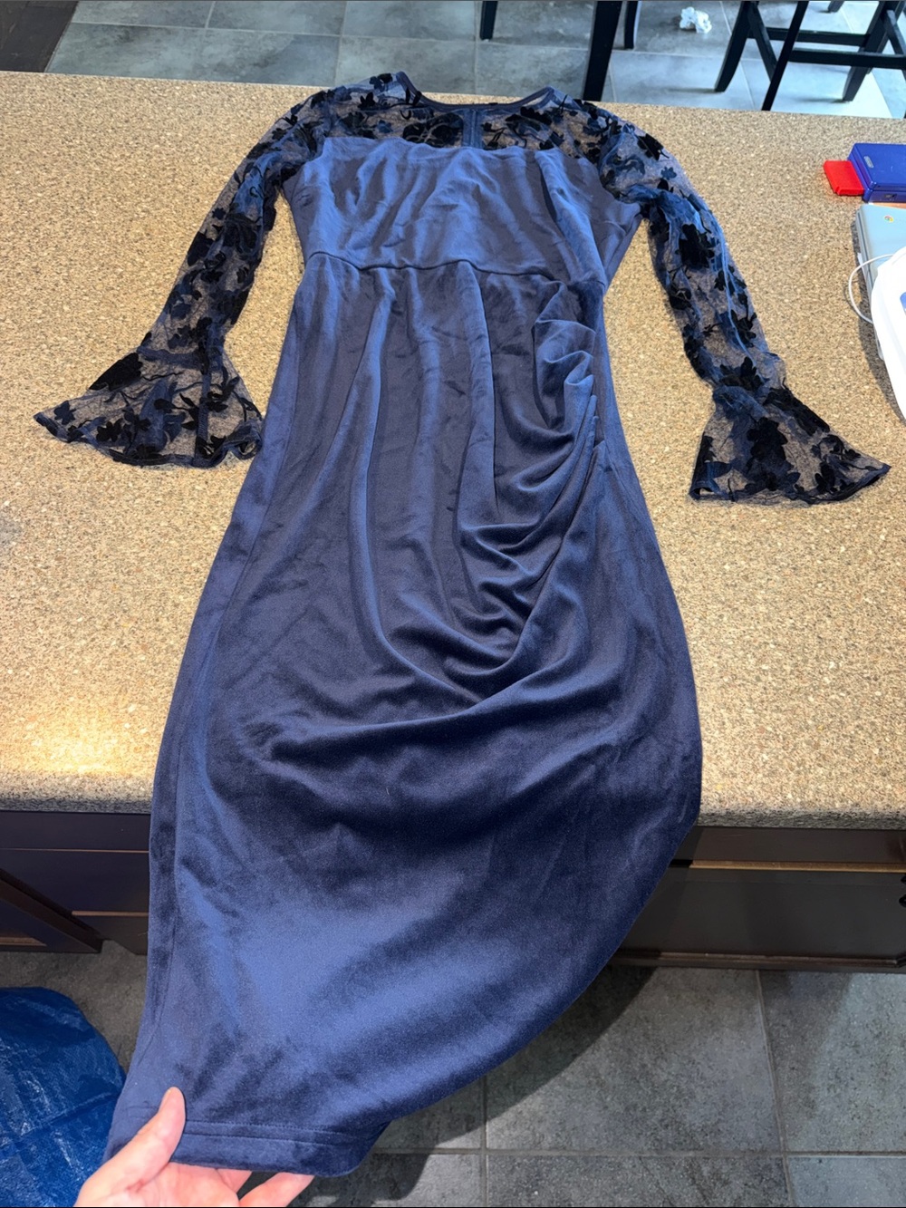 JJs House Navy Blue Velvet Dress with Floral Lace Bell Sleeves
